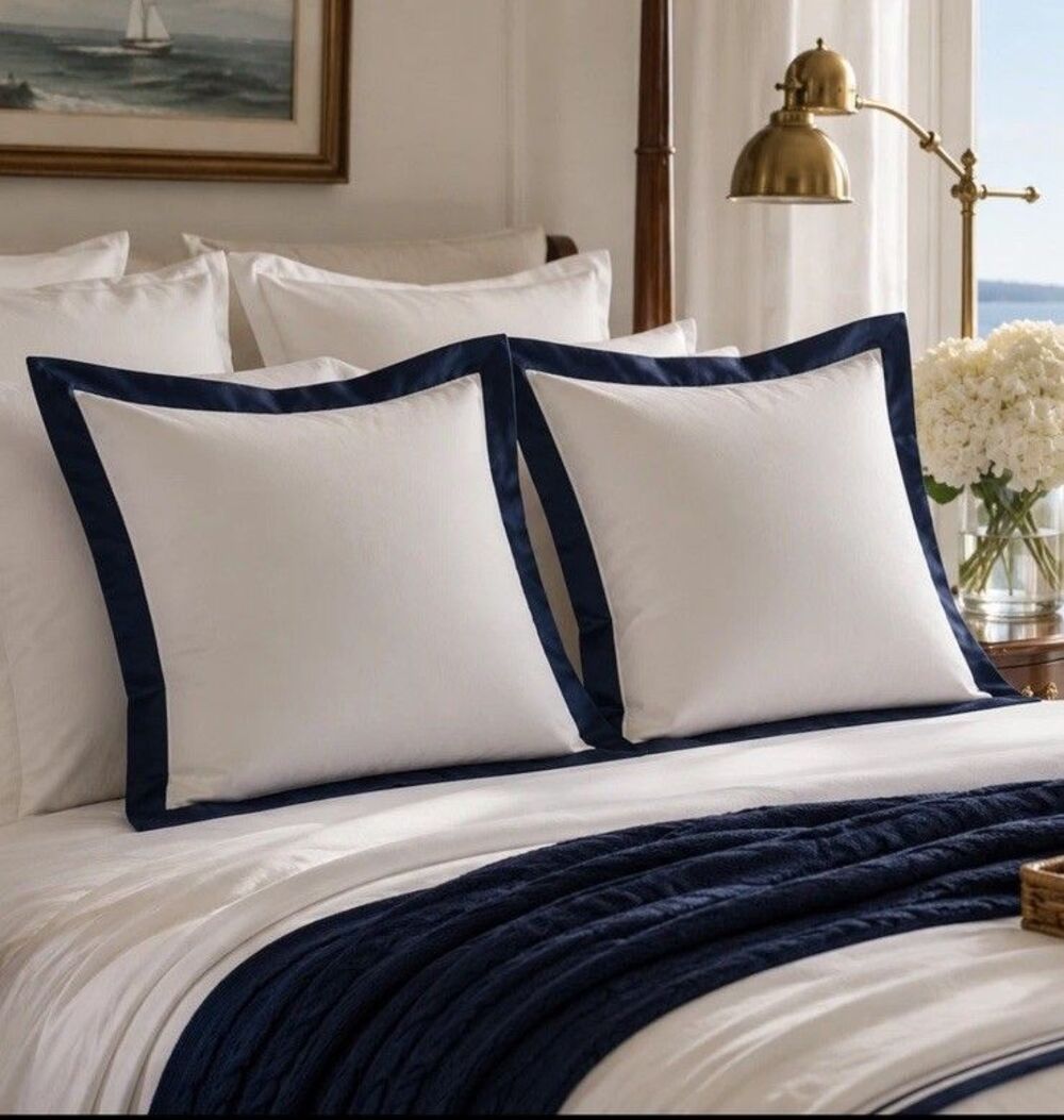 LOT 2 Ralph Lauren RL Organic Sateen Border KING Shams 20” x 36” Polo Navy NEW
